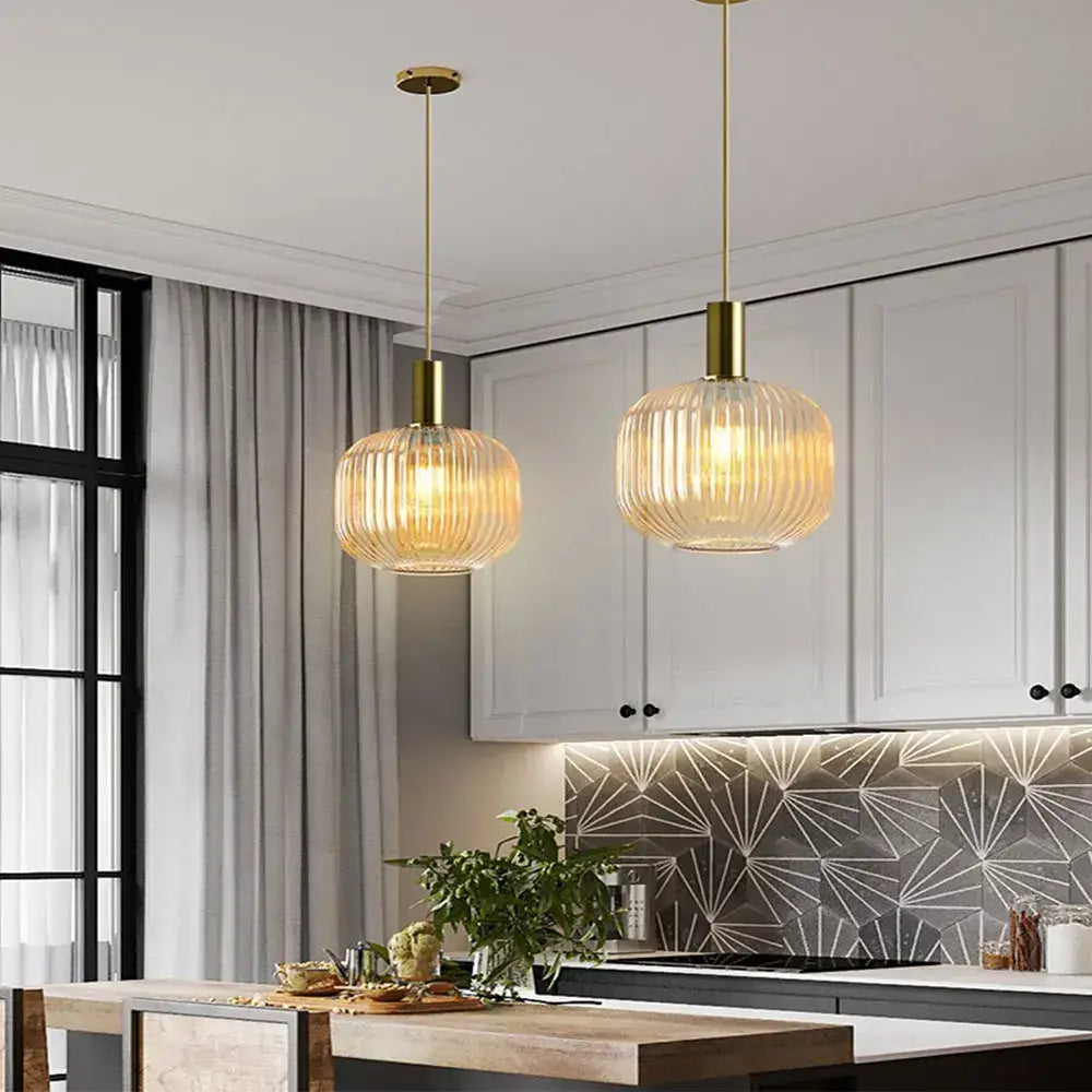 Retro ribbed amber glass pendant lights for dining room