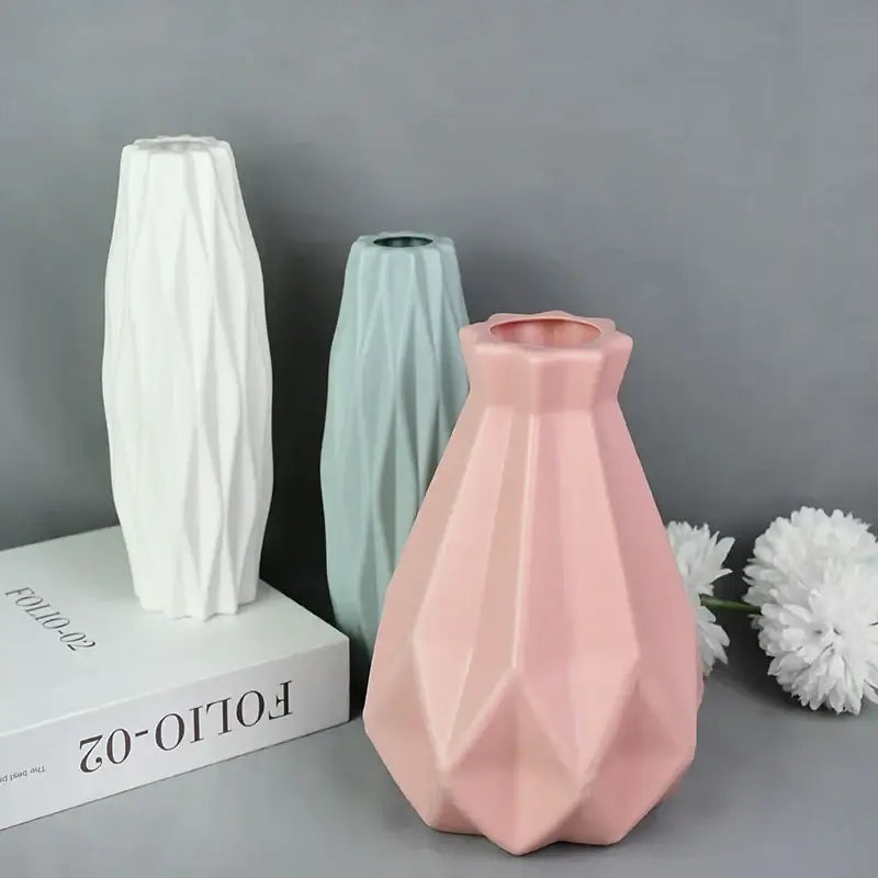 Modern pink & white faceted flower vase for living room home decor