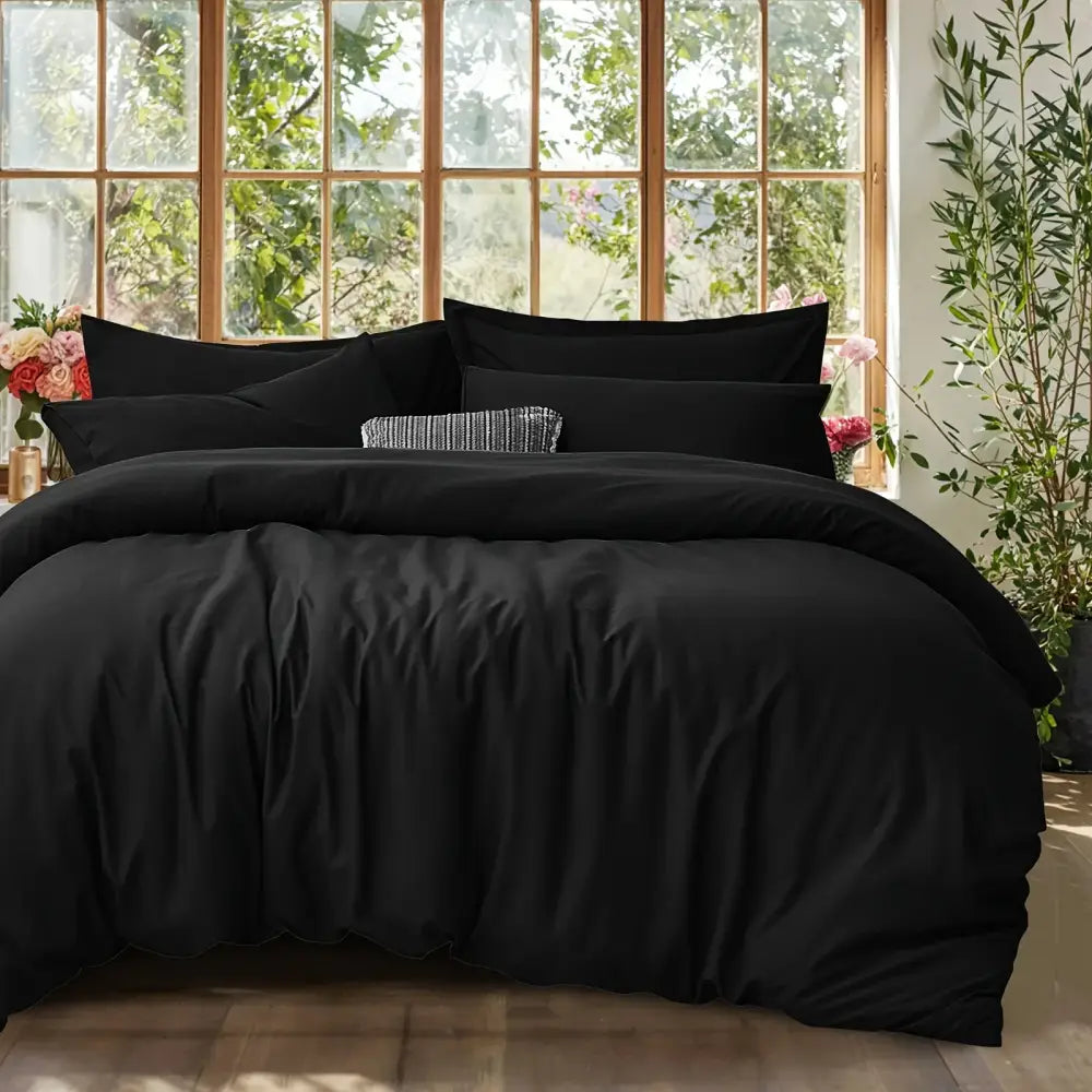 Black satin cotton duvet cover set bedroom textured pillow accent