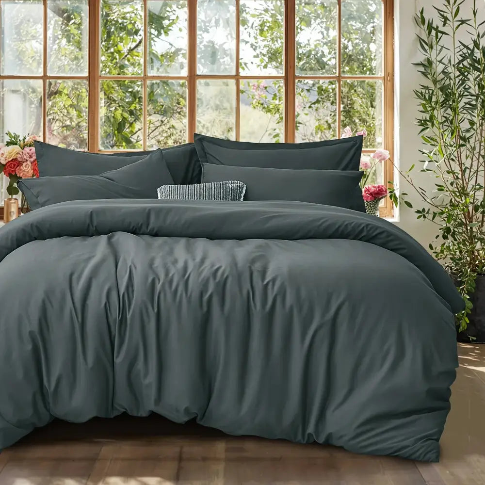 Black satin cotton duvet cover set bedroom textured pillow accent