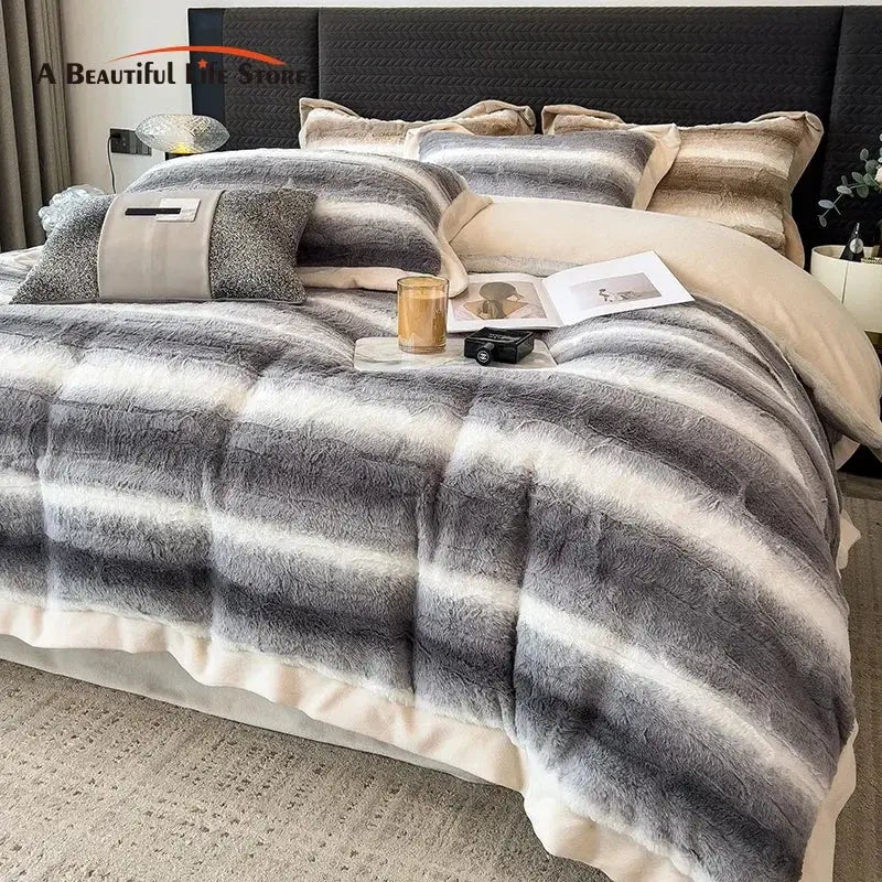 Decorbites cozy faux fur gray & white bedding set bedroom plush cover