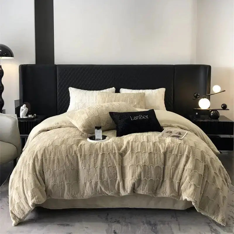 Decorbites cozy faux rabbit fur bedding set black & grey bedroom