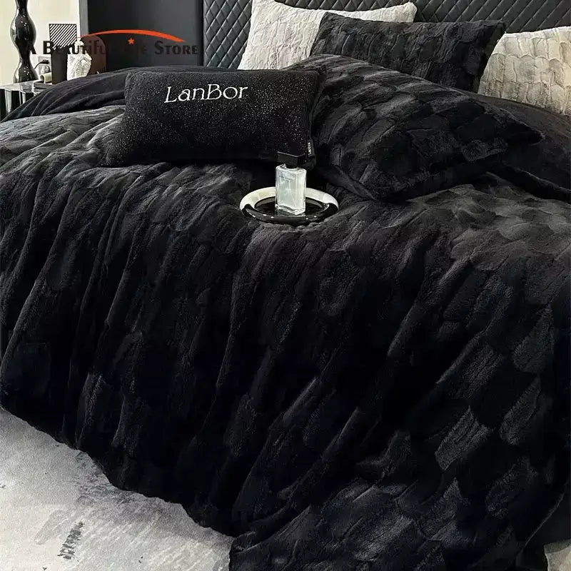 Decorbites cozy faux rabbit fur bedding set black & grey bedroom