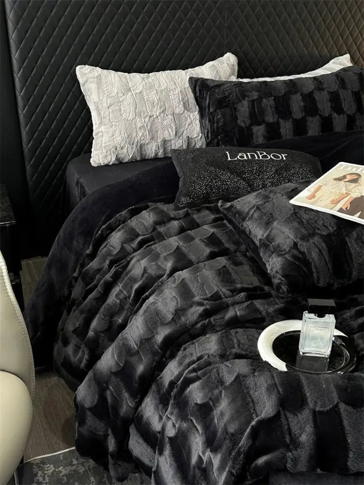 Decorbites cozy faux rabbit fur bedding set black & grey bedroom