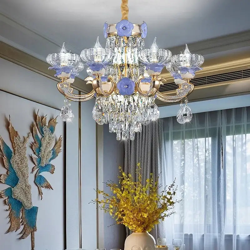 Decorbites crystal candle chandelier gold & blue living room light