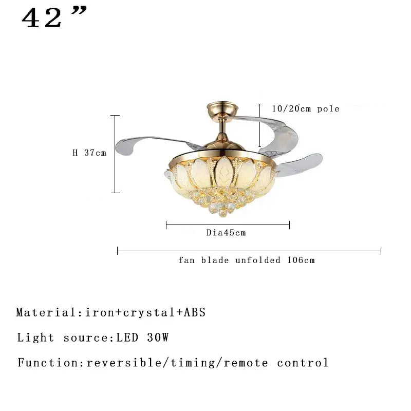 Brass crystal chandelier ceiling fan bedroom dimmable led lighting