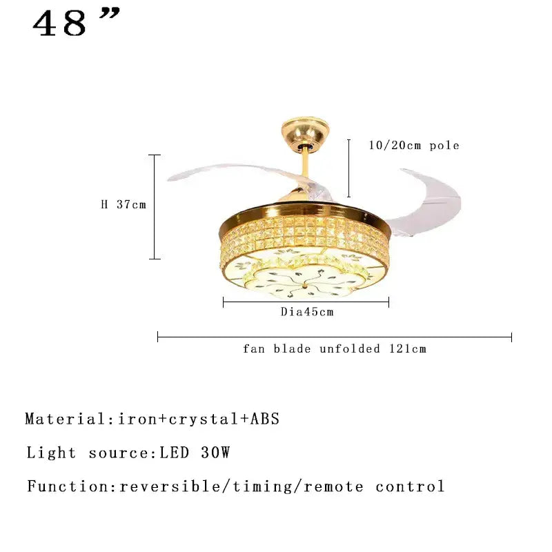 Brass crystal chandelier ceiling fan bedroom dimmable led lighting
