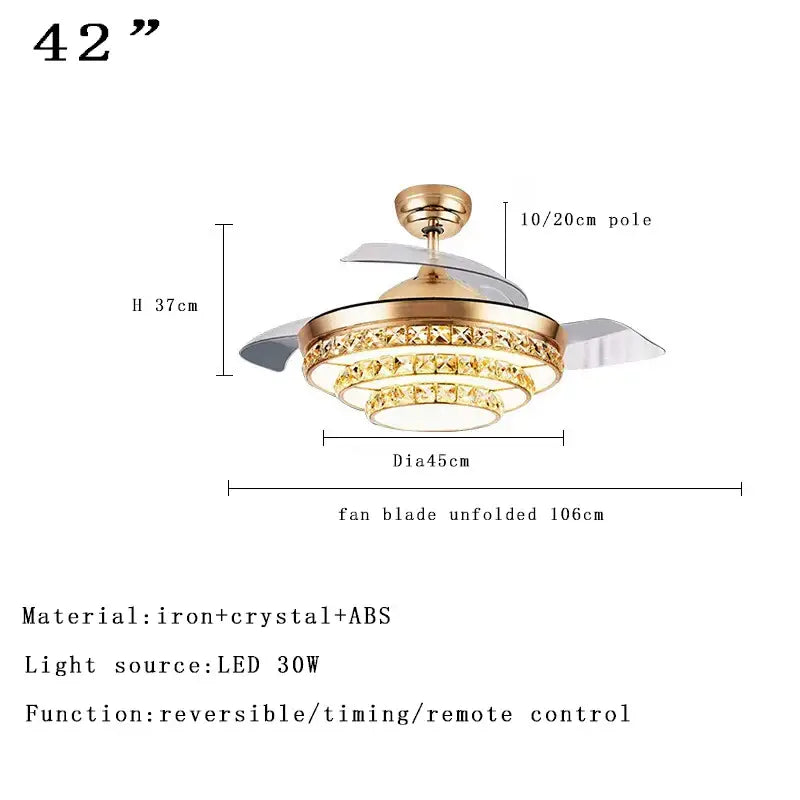 Brass crystal chandelier ceiling fan bedroom dimmable led lighting