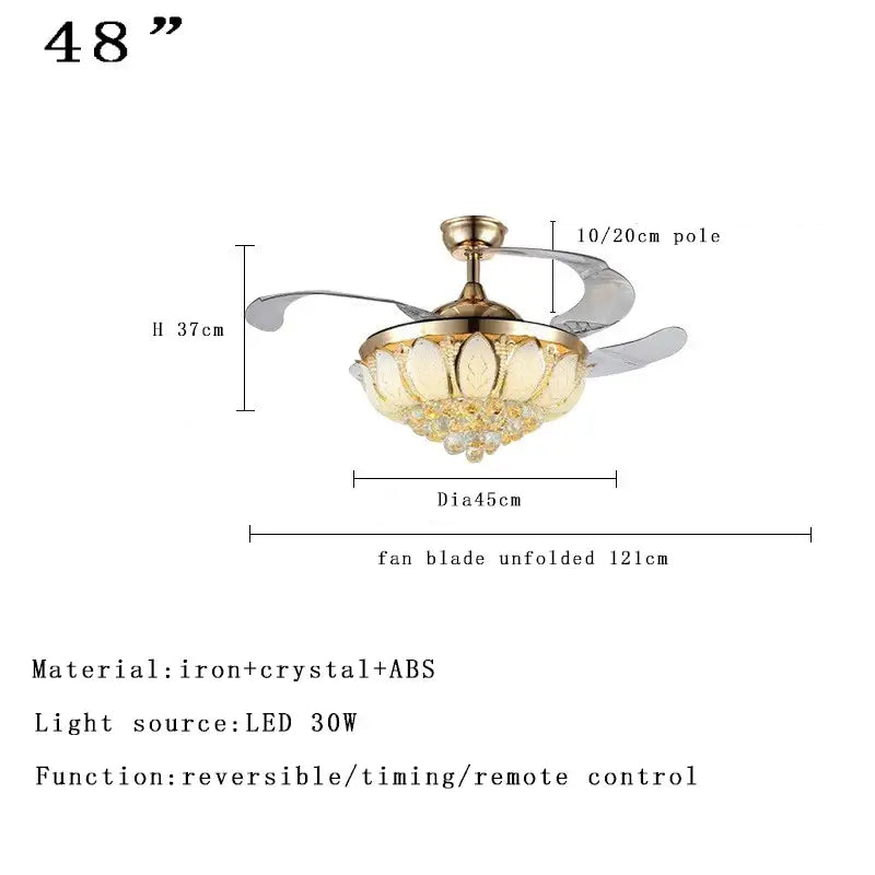 Brass crystal chandelier ceiling fan bedroom dimmable led lighting