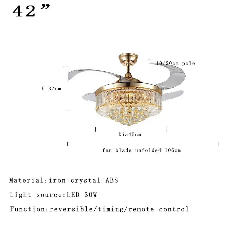 Brass crystal chandelier ceiling fan bedroom dimmable led lighting