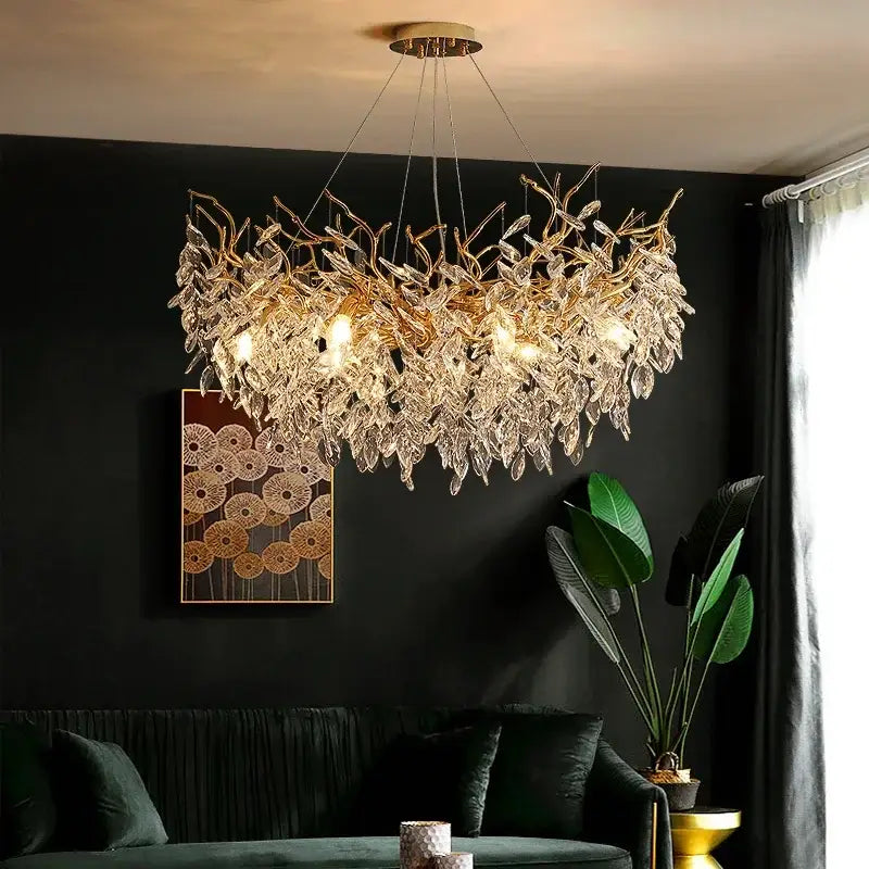 Golden branch crystal chandelier dining room leaf pendant light