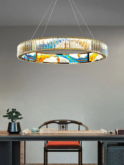 Abstract stained glass crystal chandelier ring dining room light