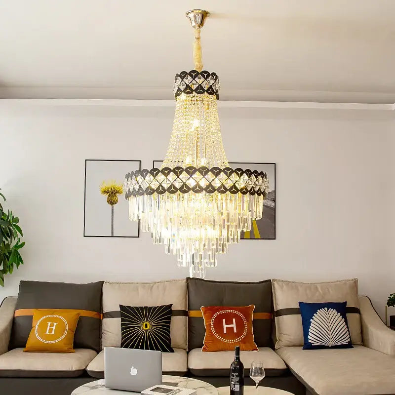 Luxury black & gold crystal chandelier spiral staircase living room