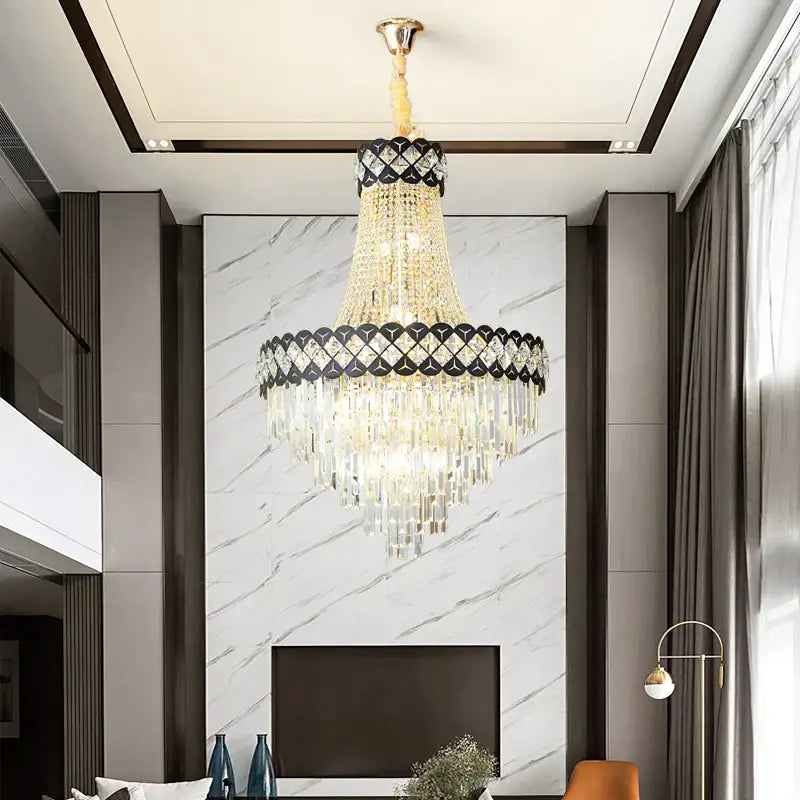 Luxury black & gold crystal chandelier spiral staircase living room