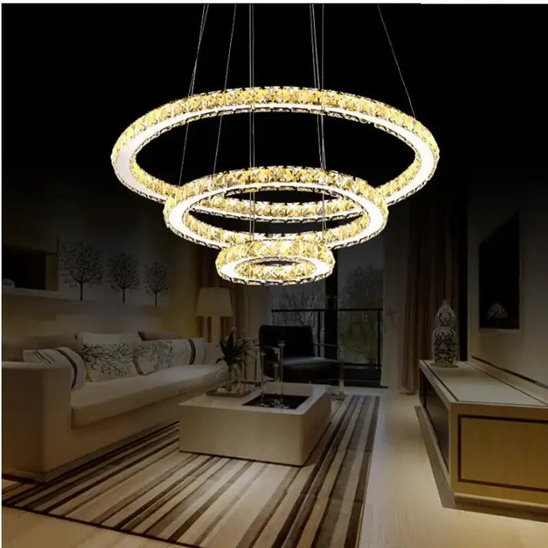 Decorbites crystal led chandelier modern chrome ring living room light