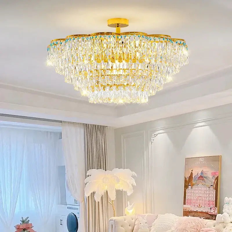 Luxury gold and turquoise crystal light chandelier dining room