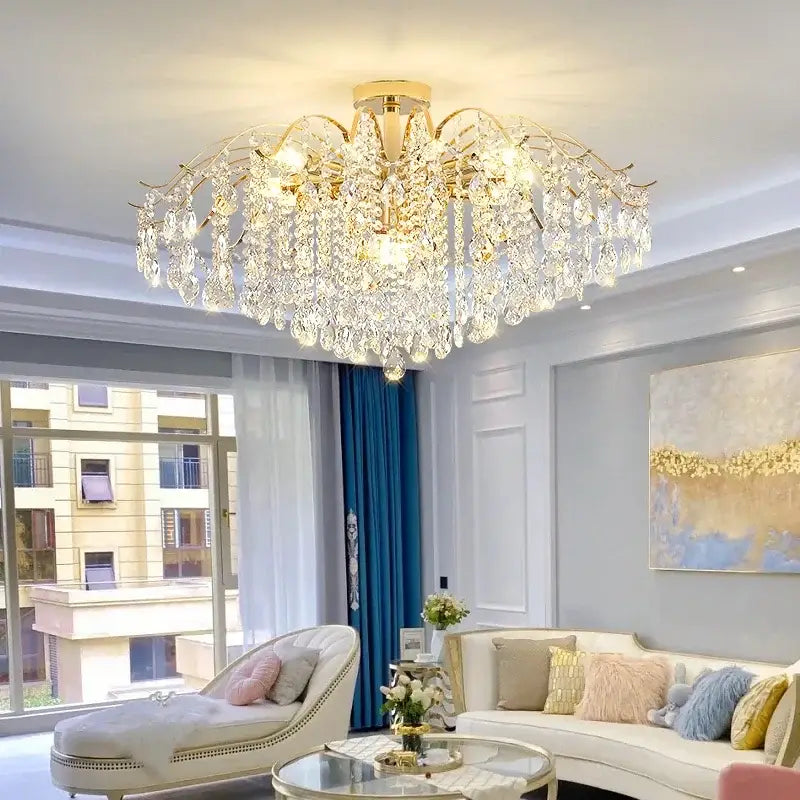 Crystal luxe led gold chandelier for living room glass droplets
