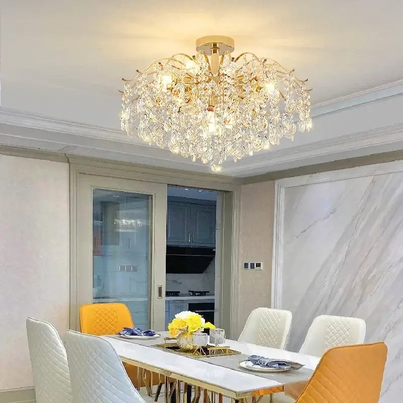 Crystal luxe led gold chandelier for living room glass droplets