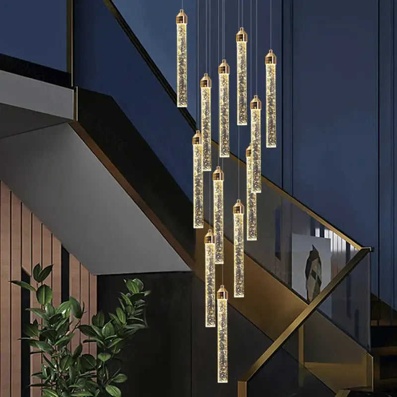 DecorBites™ Crystal Staircase Chandelier LED Modern Interior Designer Gold Attic Lamps