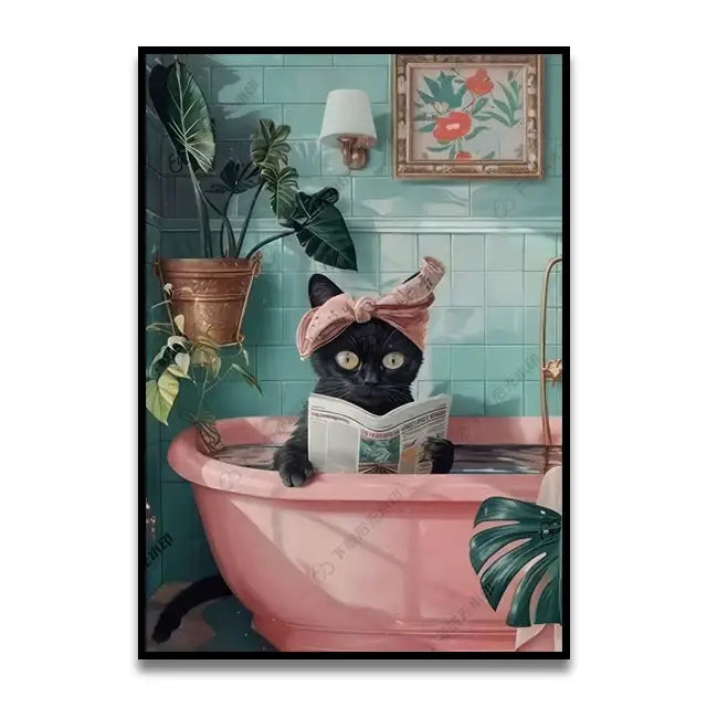 Black cat on pink toilet bathroom canvas wall art