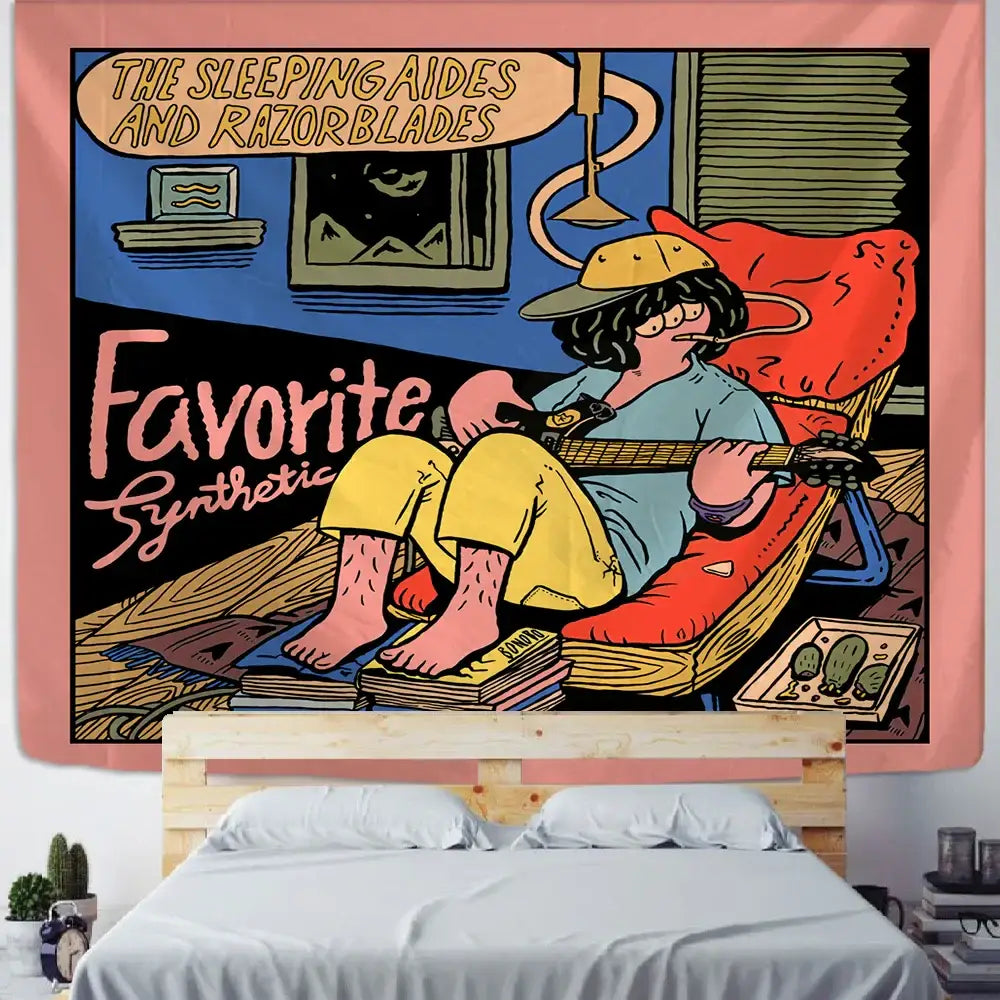 Decorbites cute girl cartoon wall hanging pink bedroom tapestry