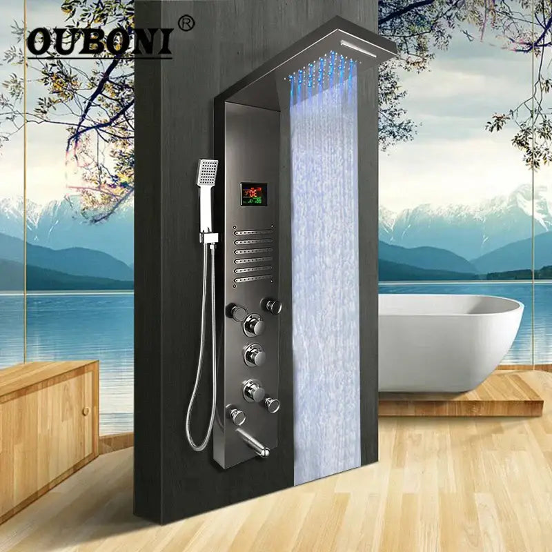 Decorbites dark grey led shower panel with rainfall spa jets bathroom