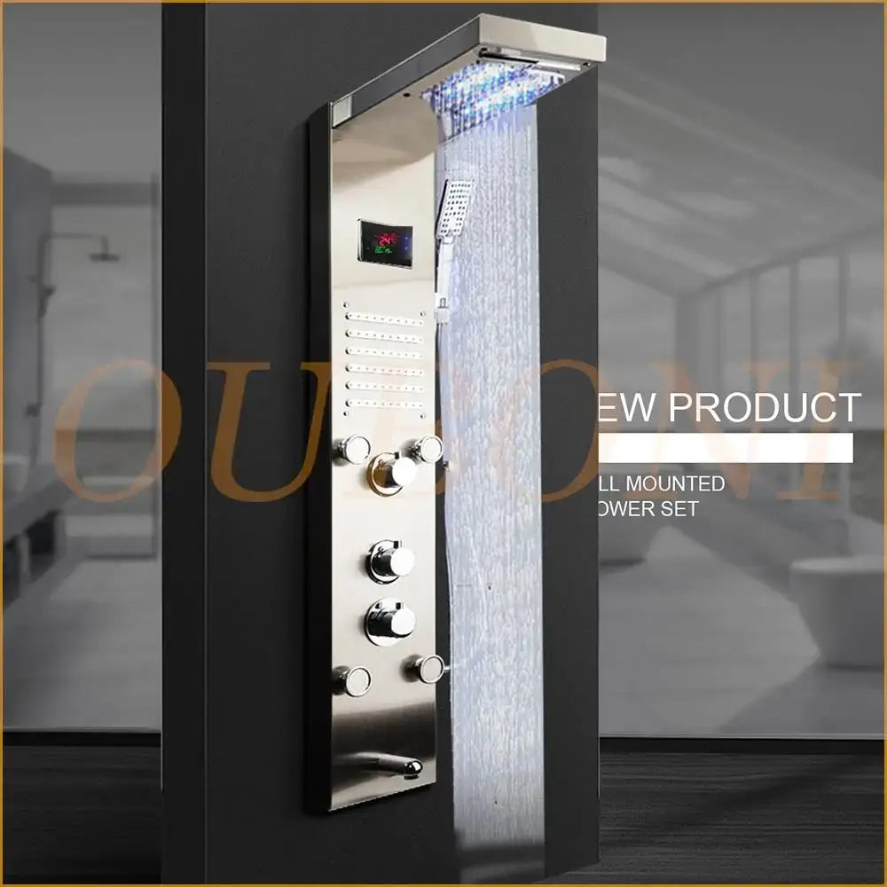 Decorbites dark grey led shower panel with rainfall spa jets bathroom