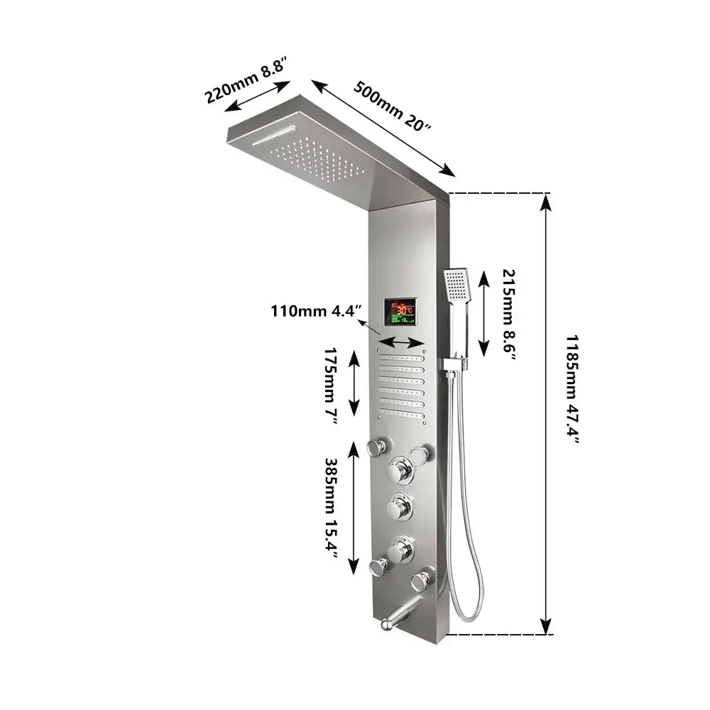 Decorbites dark grey led shower panel with rainfall spa jets bathroom