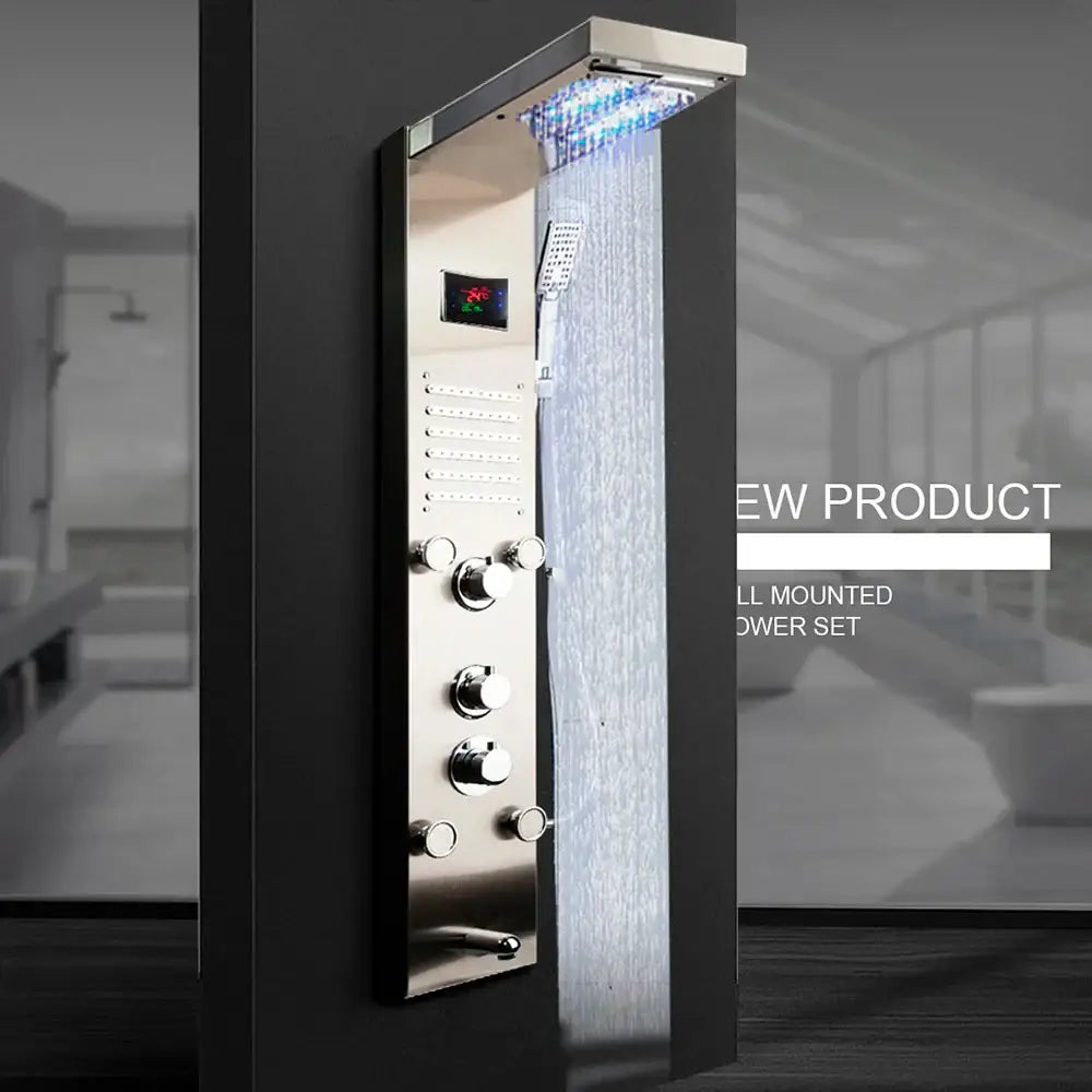 Decorbites dark grey led shower panel with rainfall spa jets bathroom