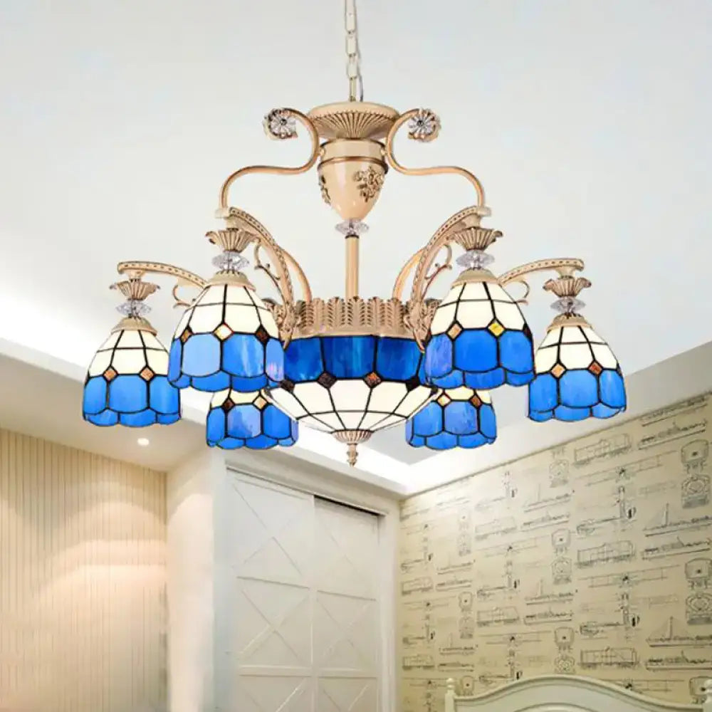 Baroque blue & white stained glass chandelier dining room light fixture