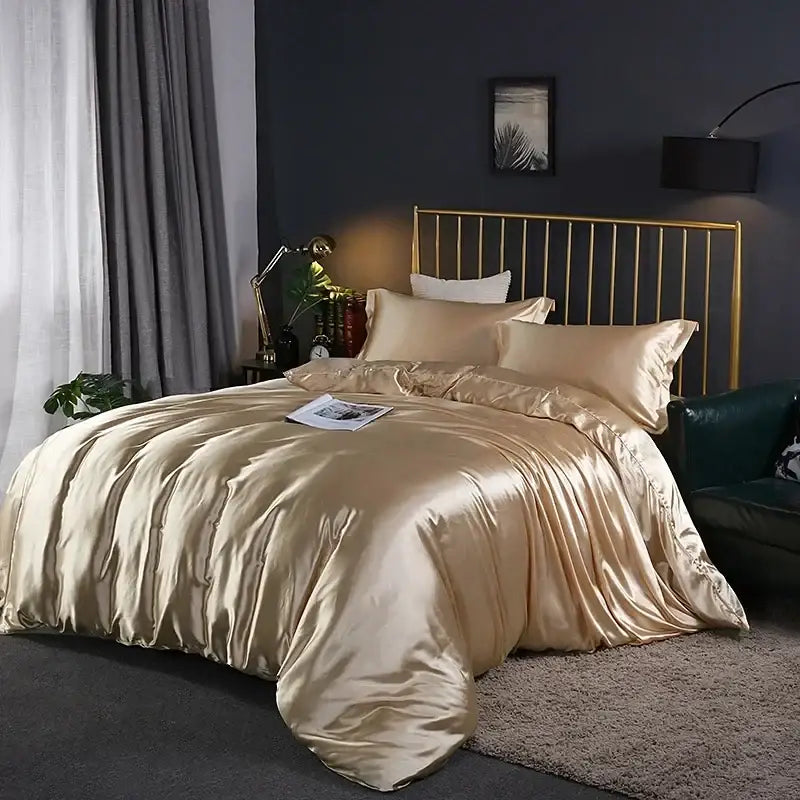 Elegant chocolate brown satin duvet cover bed sheet set bedroom