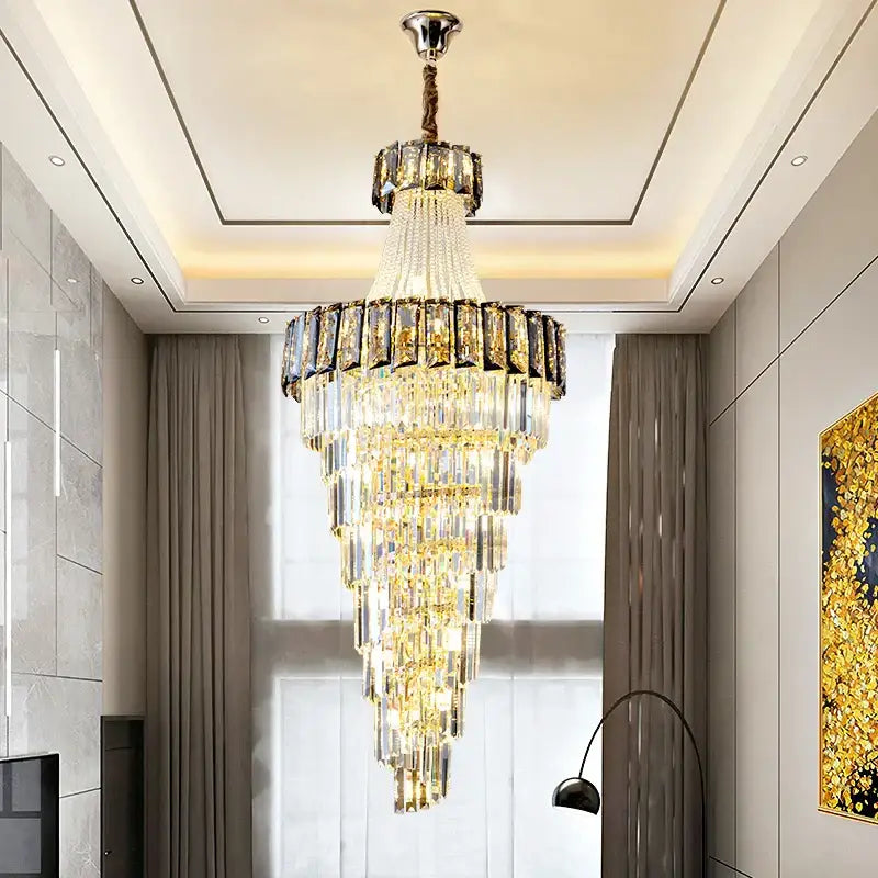 Decorbites elegant crystal chandelier living room spiral staircase