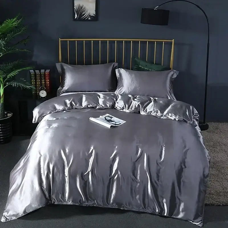 Elegant teal satin bed sheet and duvet cover bedroom set
