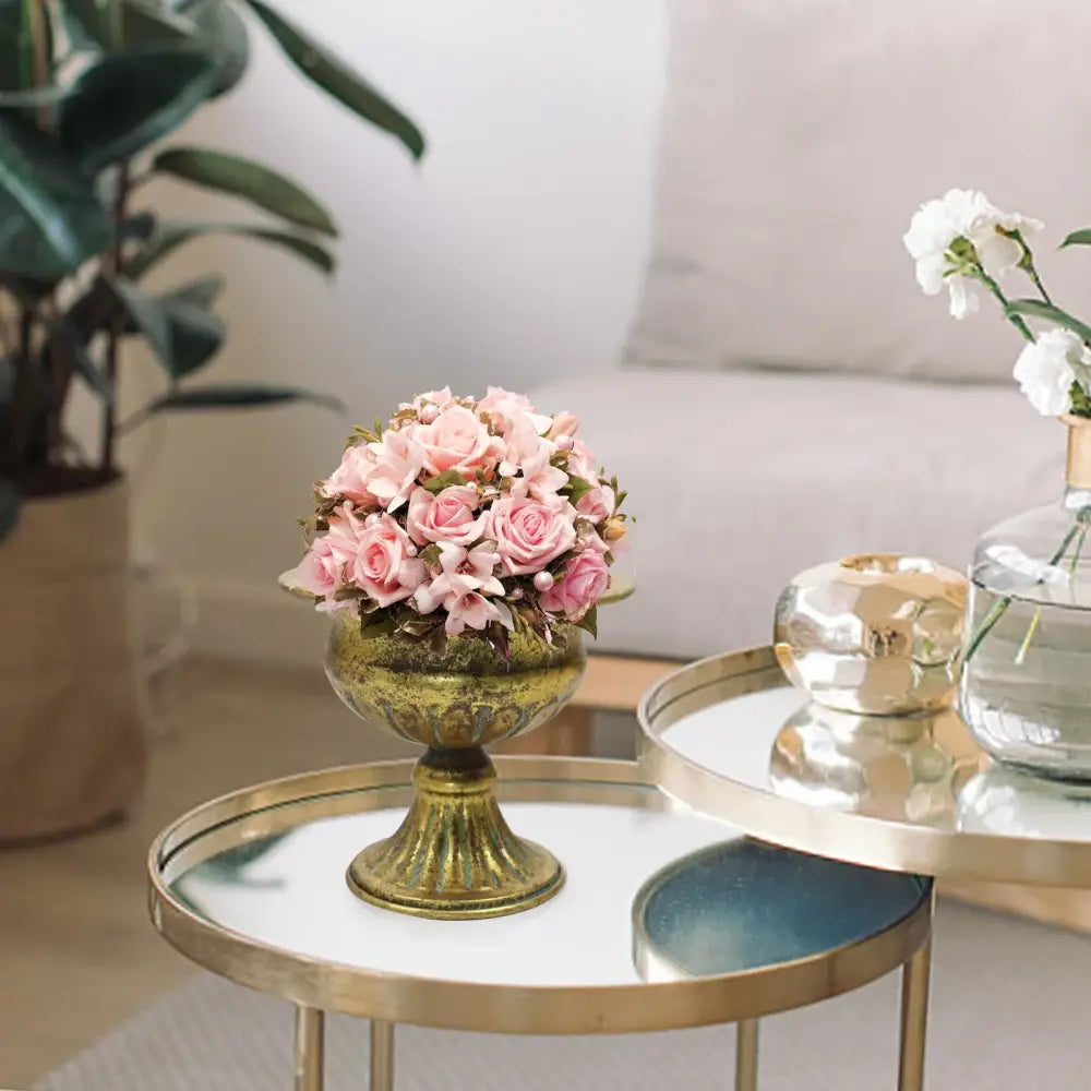 Ornate white & gold metal flower vase – dining room centerpiece
