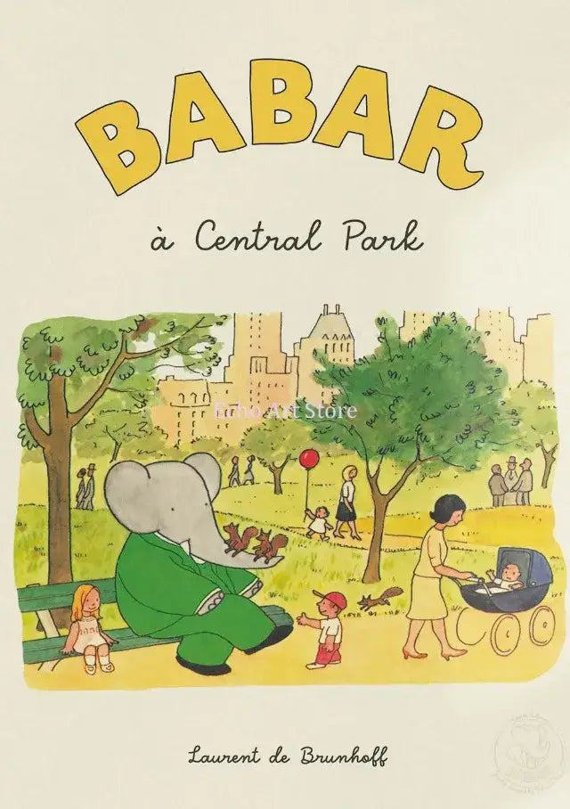 Cartoon elephant yoga green & beige family canvas wall art kids room