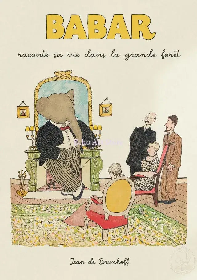 Cartoon elephant yoga green & beige family canvas wall art kids room