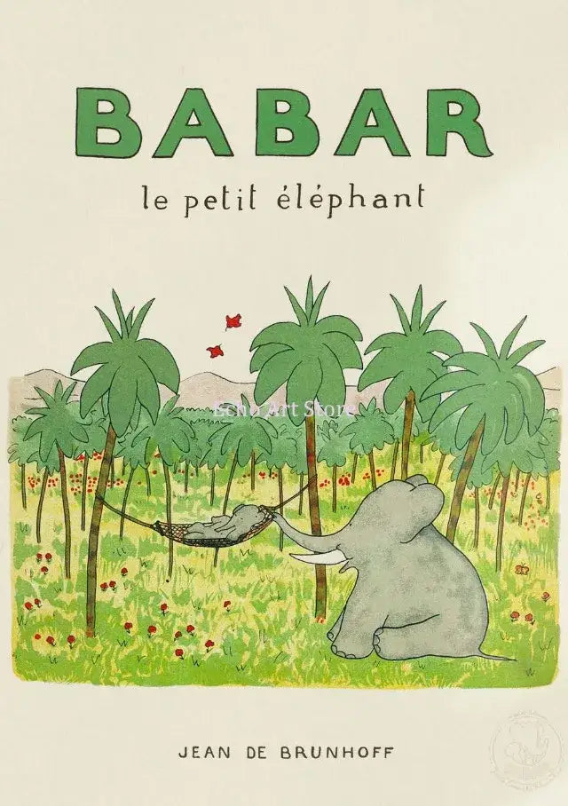 Cartoon elephant yoga green & beige family canvas wall art kids room