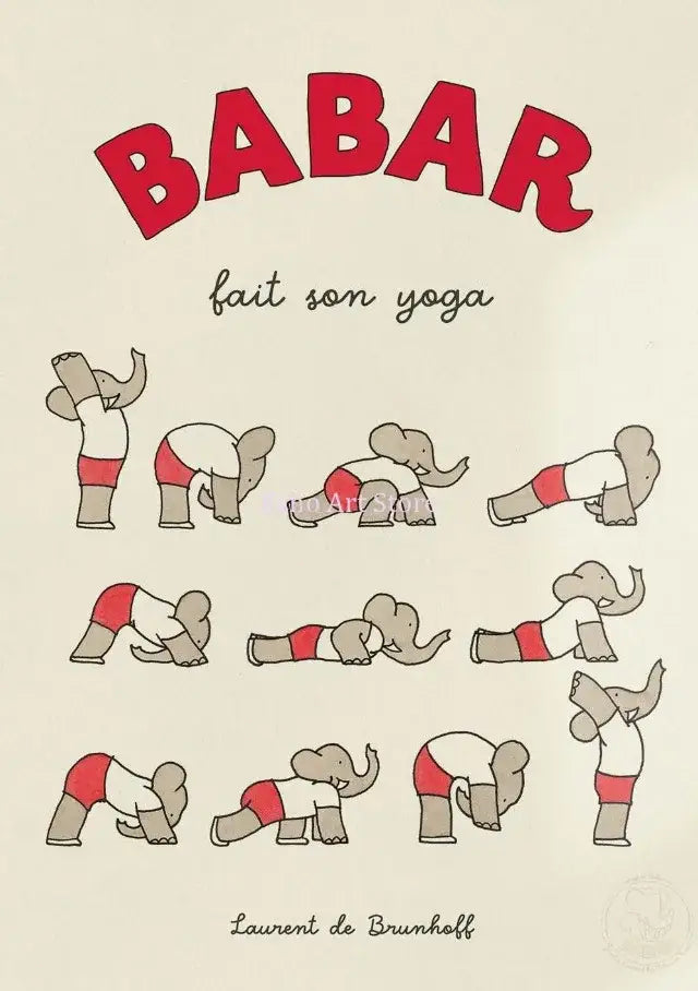 Cartoon elephant yoga green & beige family canvas wall art kids room