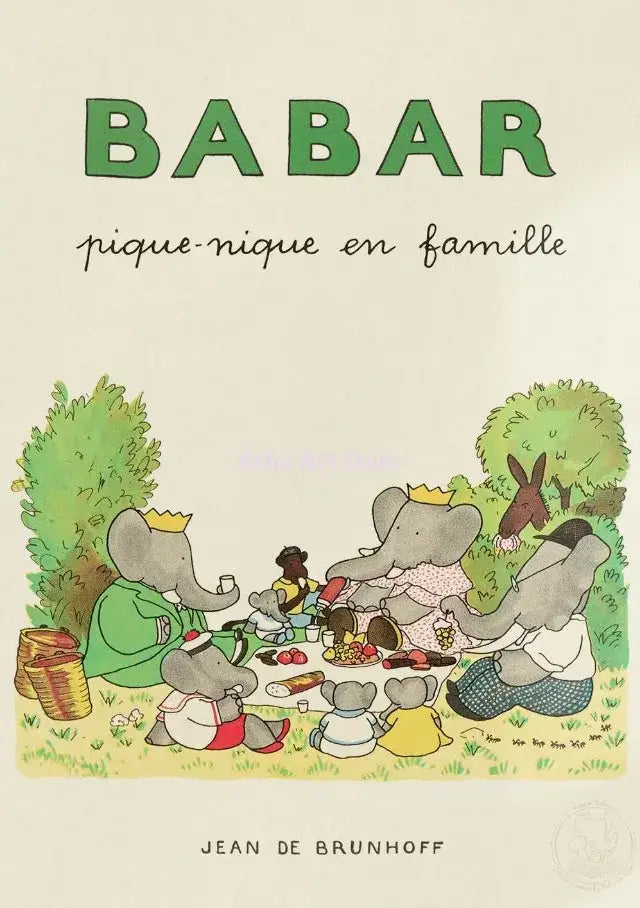 Cartoon elephant yoga green & beige family canvas wall art kids room