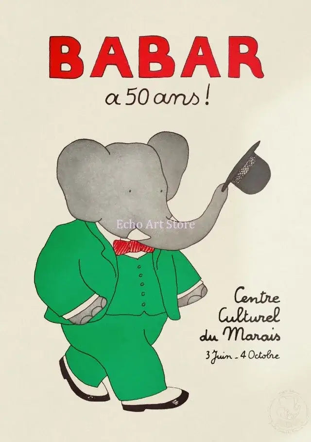 Cartoon elephant yoga green & beige family canvas wall art kids room