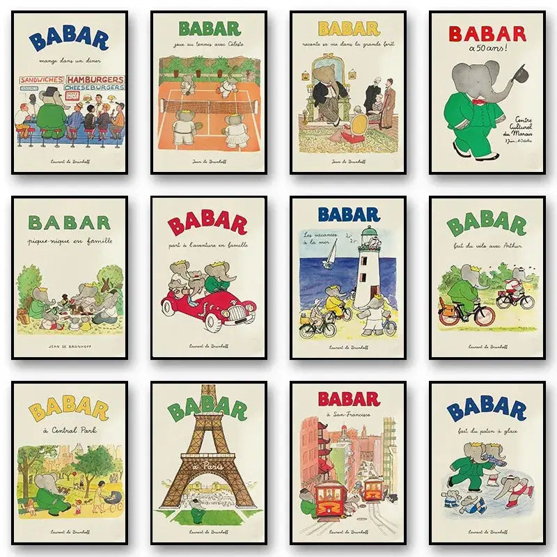 Vintage elephant family cartoon poster kids room wall art