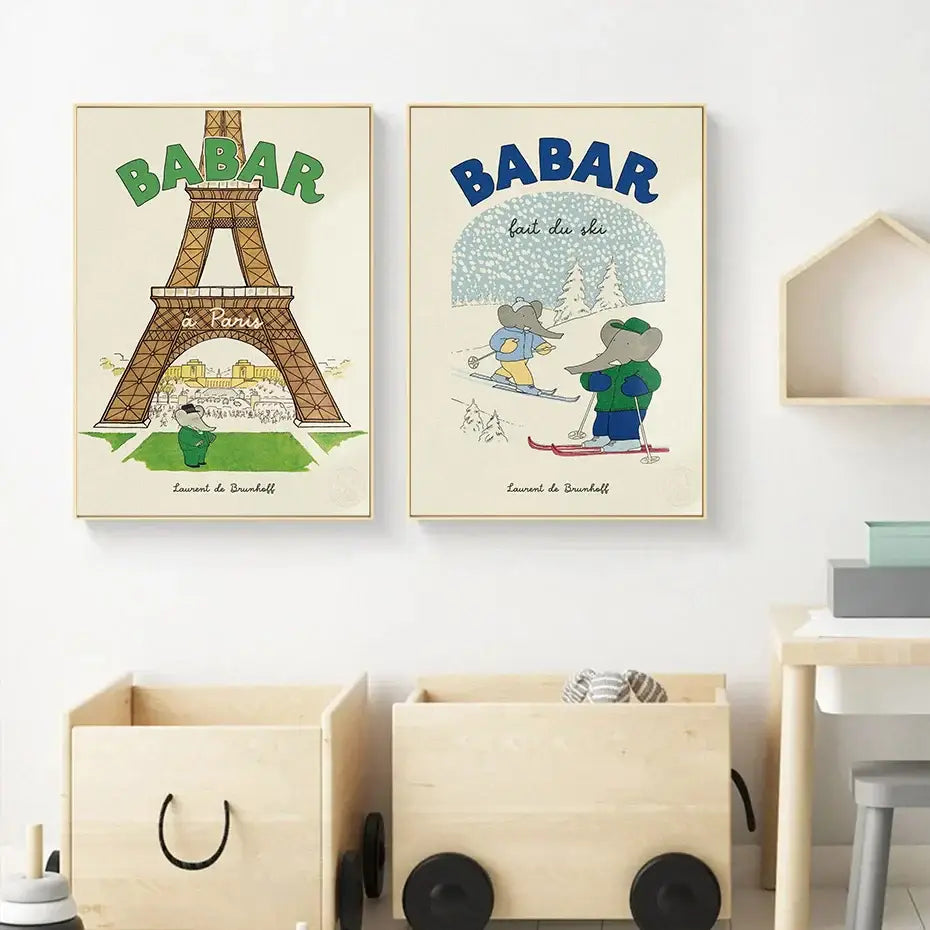 Vintage elephant babar family car poster kids room wall art