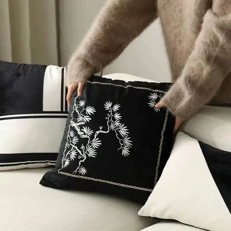Decorbites embroidered black & white cushion cover living room pillow