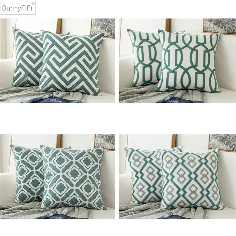 Decorbites embroidered blue teal & white cushion cover living room