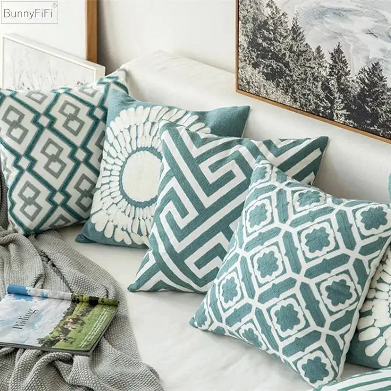 Decorbites embroidered blue teal & white cushion cover living room