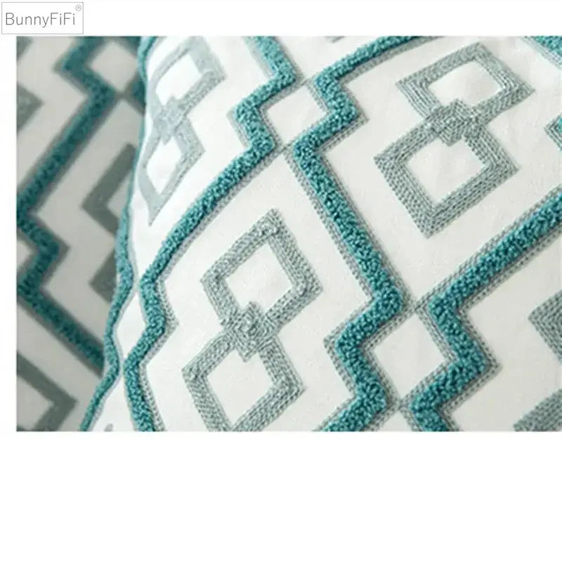 Decorbites embroidered blue teal & white cushion cover living room