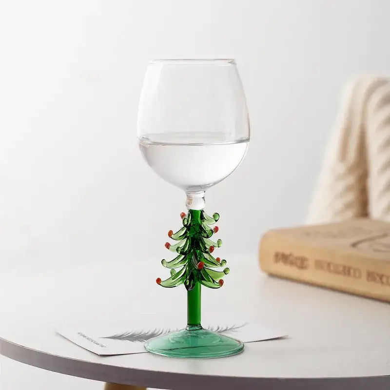 Festive green christmas wine glasses with tree stem dining room decor
