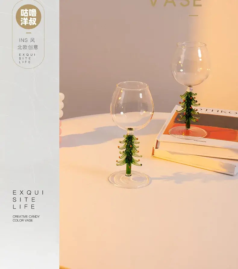 Festive green christmas wine glasses with tree stem dining room decor