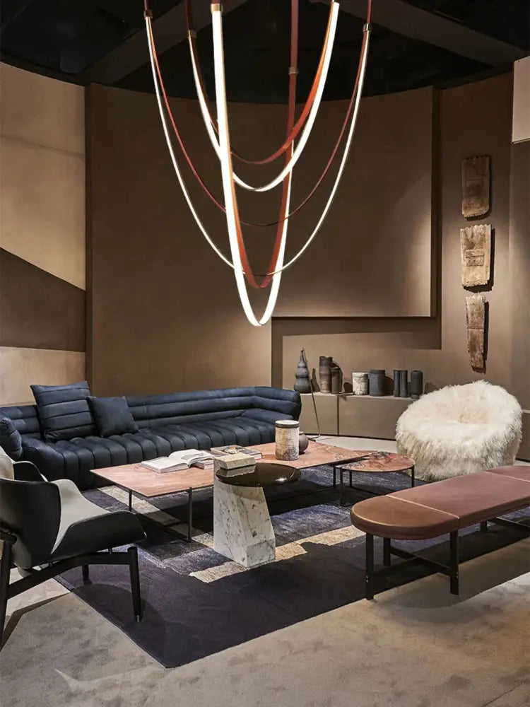 Modern double tiered led chandelier with flexible leather belt dining room light