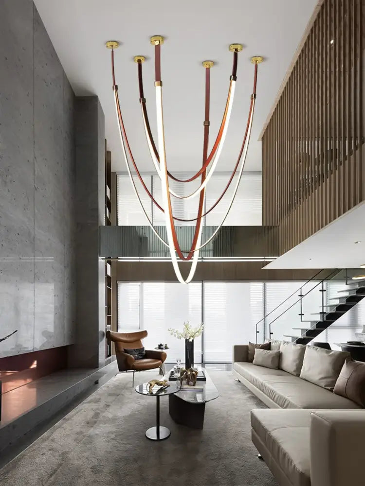 Modern minimalist double tiered flexible leather belt led chandelier living room